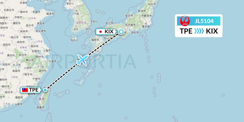 JL5104 Japan Airlines Flight Map: Taipei to Osaka