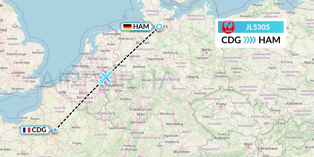 JL5305 Japan Airlines Flight Map: Paris to Hamburg