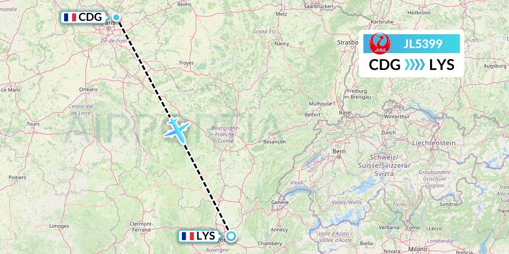 JL5399 Japan Airlines Flight Map: Paris to Lyon
