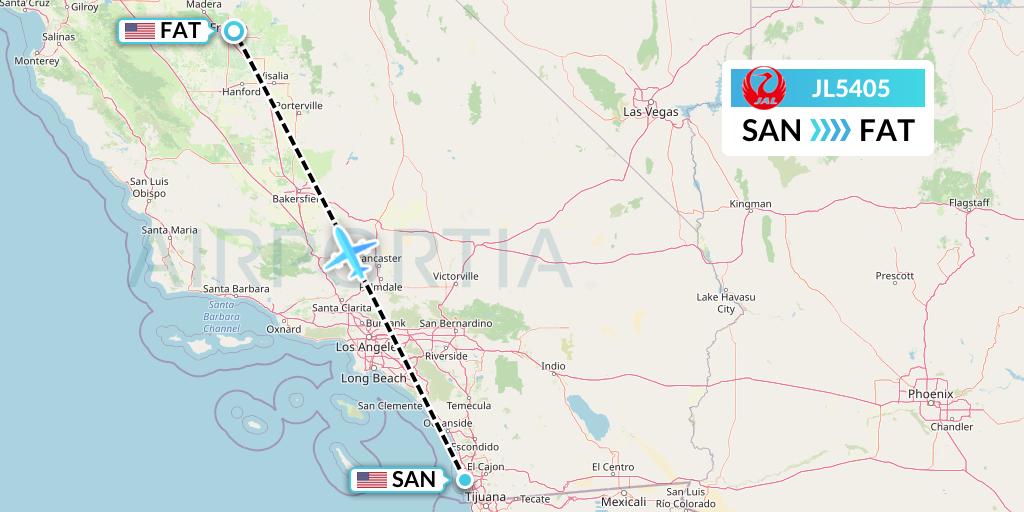 JL5405 Japan Airlines Flight Map: San Diego to Fresno