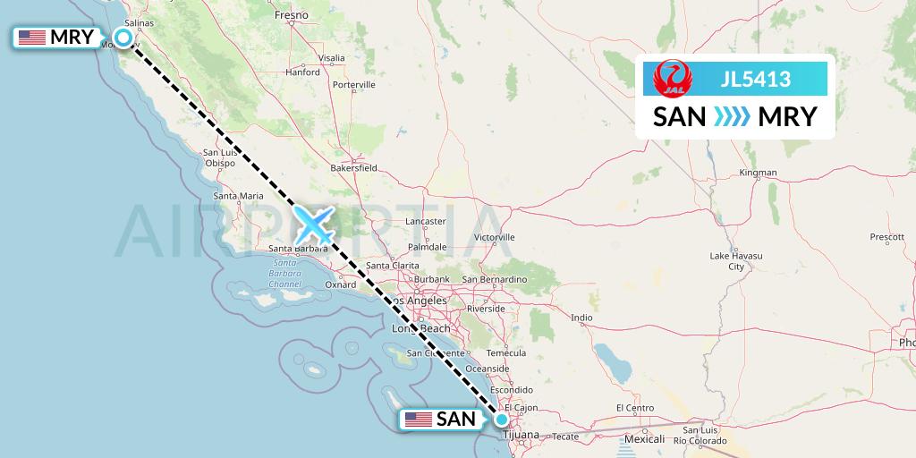 JL5413 Japan Airlines Flight Map: San Diego to Monterey