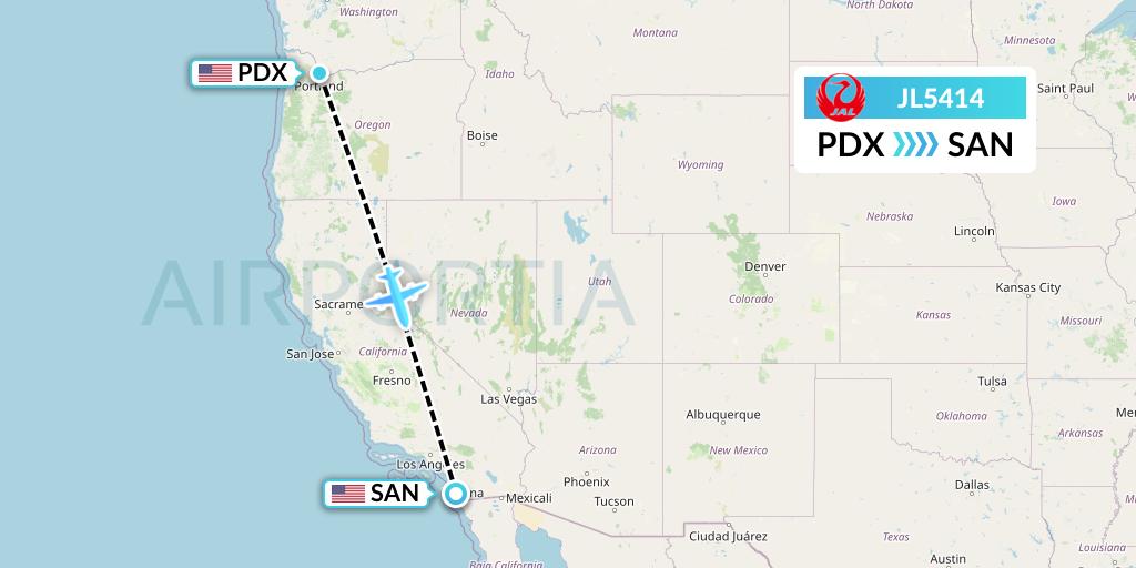 JL5414 Japan Airlines Flight Map: Portland to San Diego