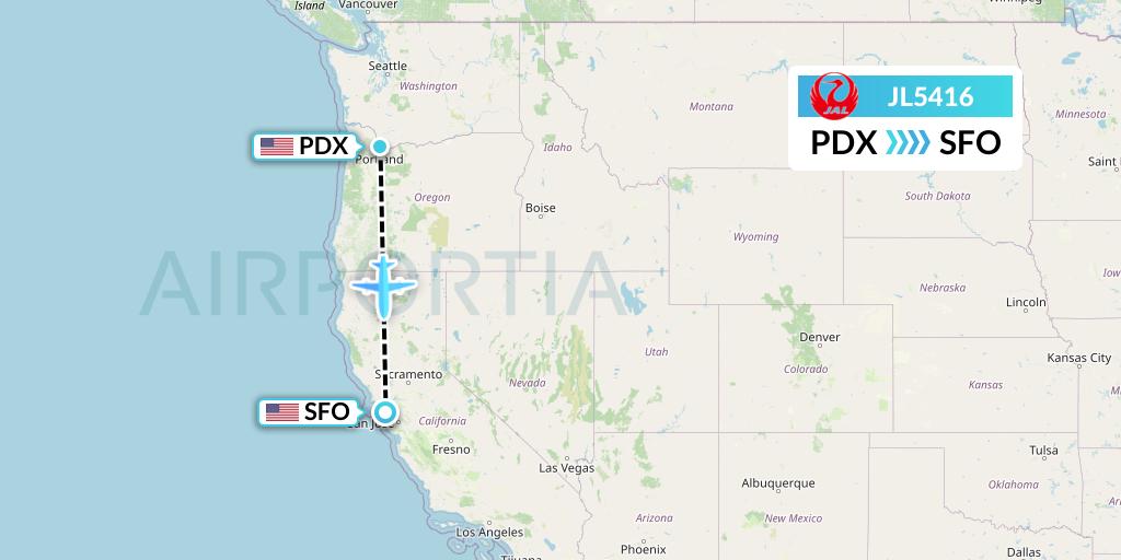 JL5416 Japan Airlines Flight Map: Portland to San Francisco