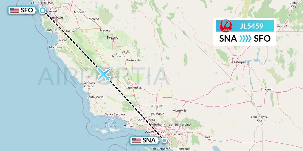 JL5459 Japan Airlines Flight Map: Orange County to San Francisco