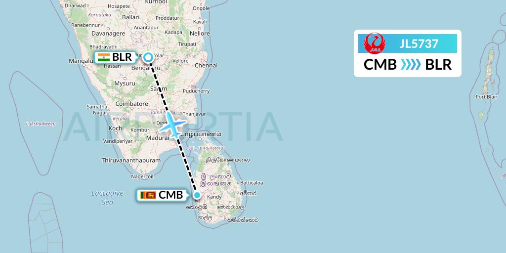 JL5737 Japan Airlines Flight Map: Colombo to Bangalore