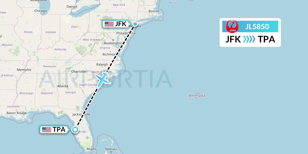 JL5850 Japan Airlines Flight Map: New York to Tampa