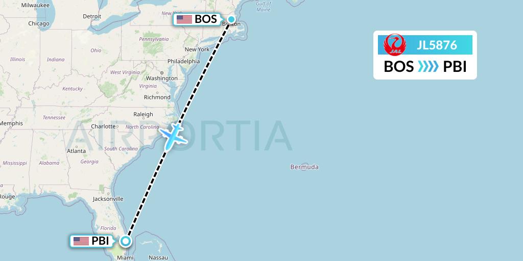 JL5876 Japan Airlines Flight Map: Boston to West Palm Beach