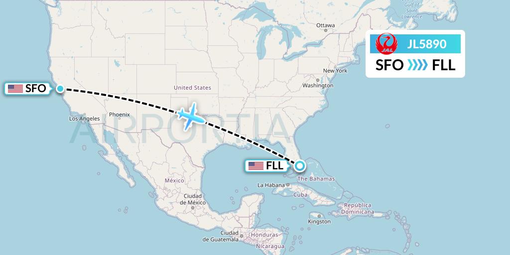 JL5890 Japan Airlines Flight Map: San Francisco to Fort Lauderdale
