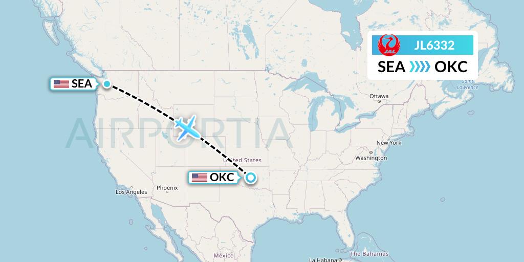 JL6332 Japan Airlines Flight Map: Seattle to Oklahoma City