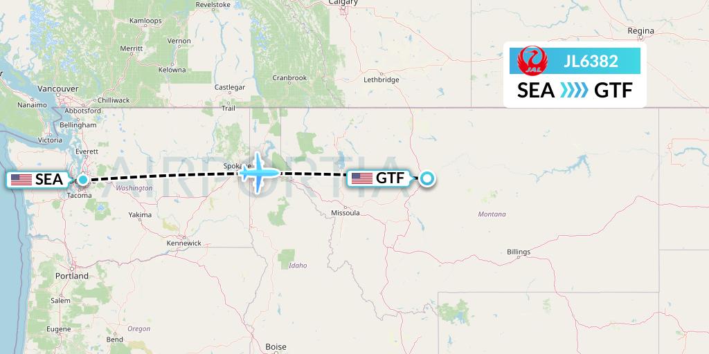 JL6382 Japan Airlines Flight Map: Seattle to Great Falls