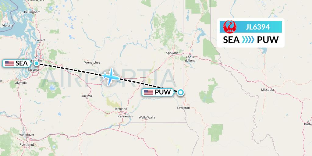 JL6394 Japan Airlines Flight Map: Seattle to Pullman