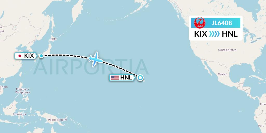 JL6408 Japan Airlines Flight Map: Osaka to Honolulu