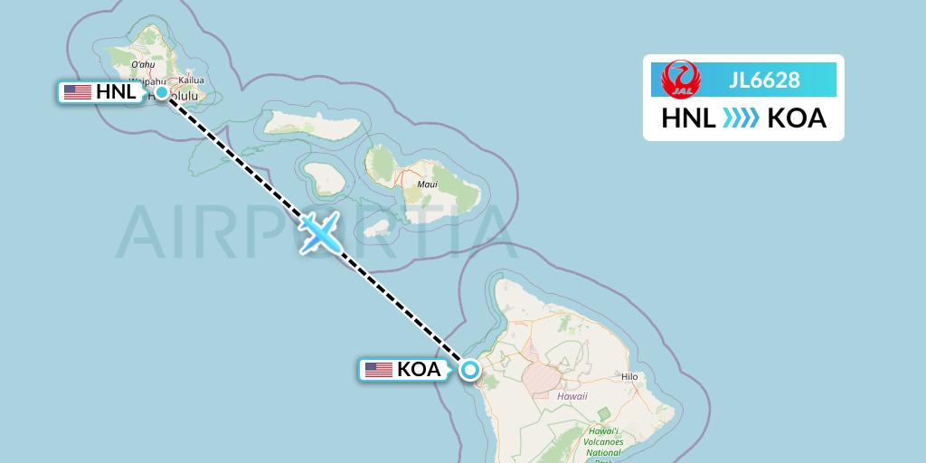 JL6628 Japan Airlines Flight Map: Honolulu to Kailua-Kona