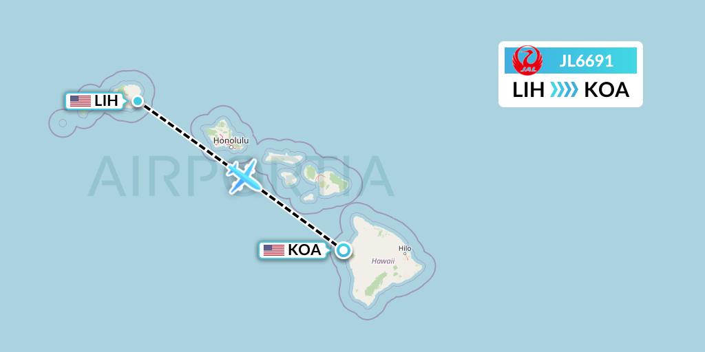 JL6691 Japan Airlines Flight Map: Lihue to Kailua-Kona