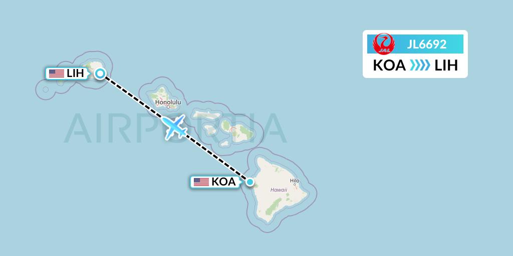JL6692 Japan Airlines Flight Map: Kailua-Kona to Lihue