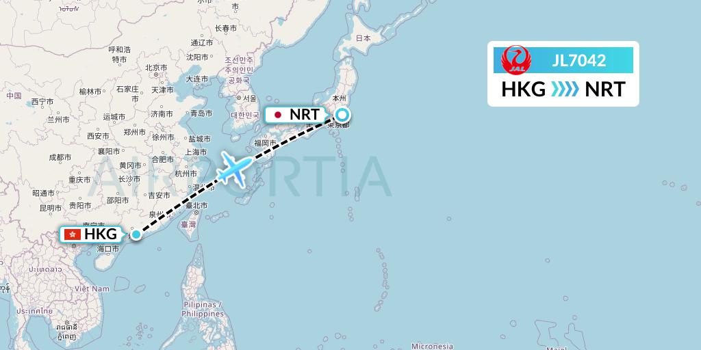 JL7042 Japan Airlines Flight Map: Hong Kong to Tokyo