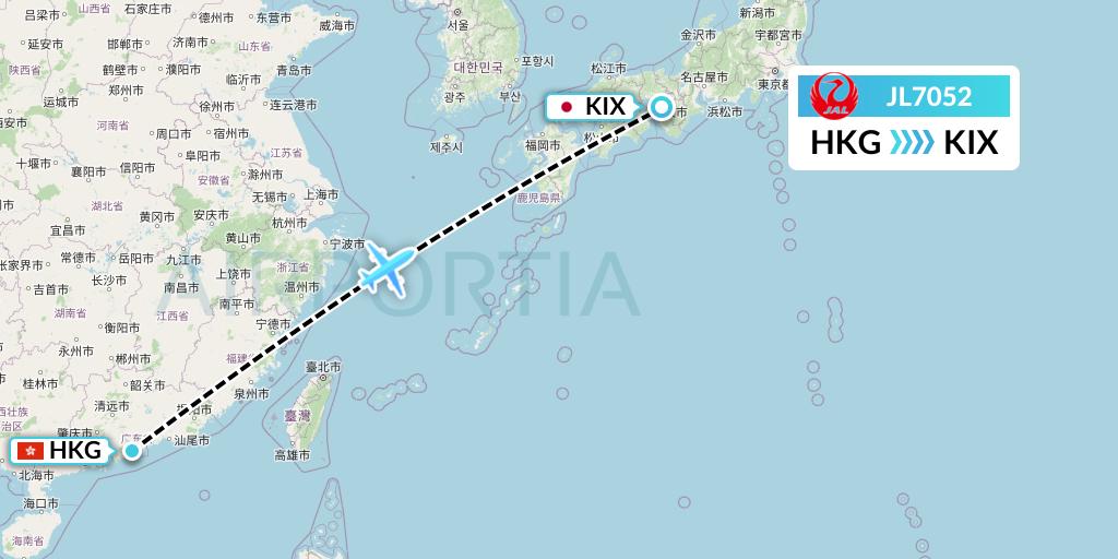 JL7052 Japan Airlines Flight Map: Hong Kong to Osaka