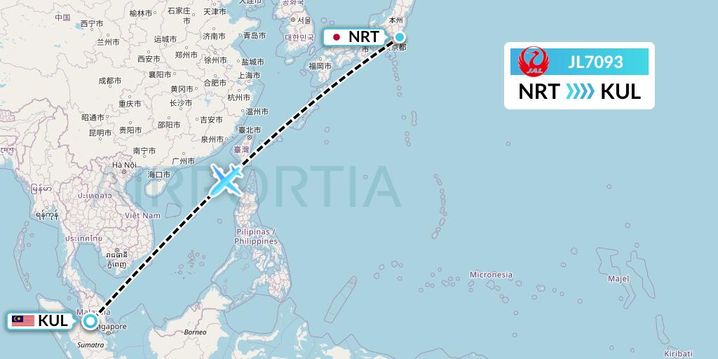 JL7093 Japan Airlines Flight Map: Tokyo to Kuala Lumpur