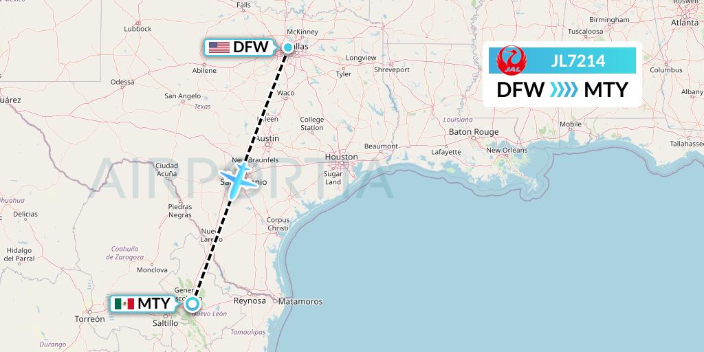 JL7214 Japan Airlines Flight Map: Dallas to Monterrey