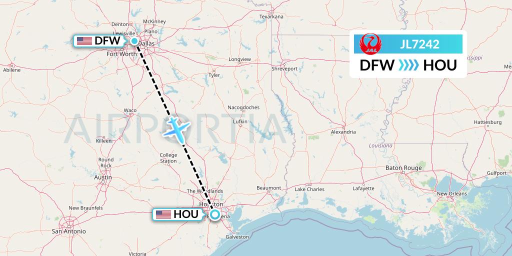 JL7242 Japan Airlines Flight Map: Dallas to Houston