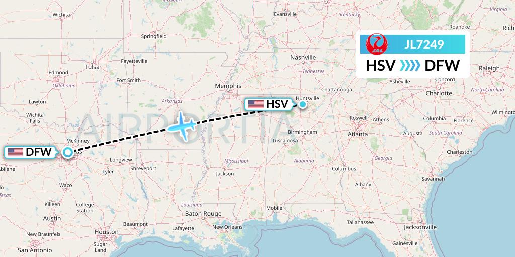 JL7249 Japan Airlines Flight Map: Huntsville to Dallas