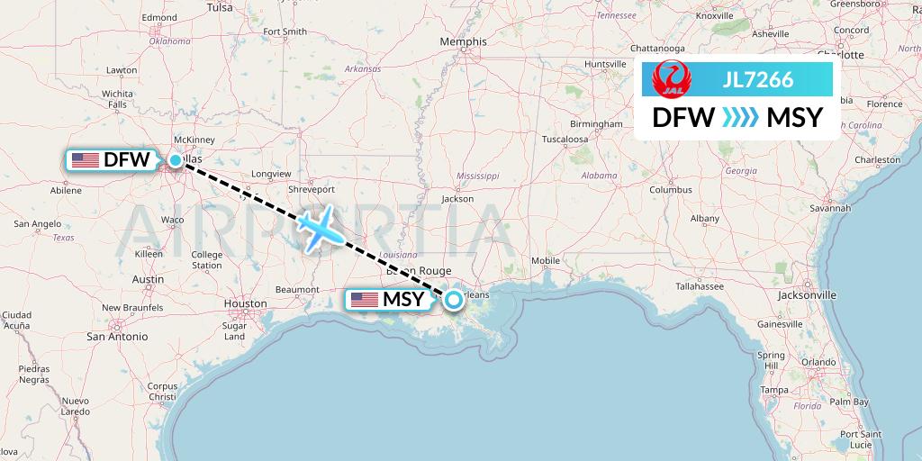JL7266 Japan Airlines Flight Map: Dallas to New Orleans