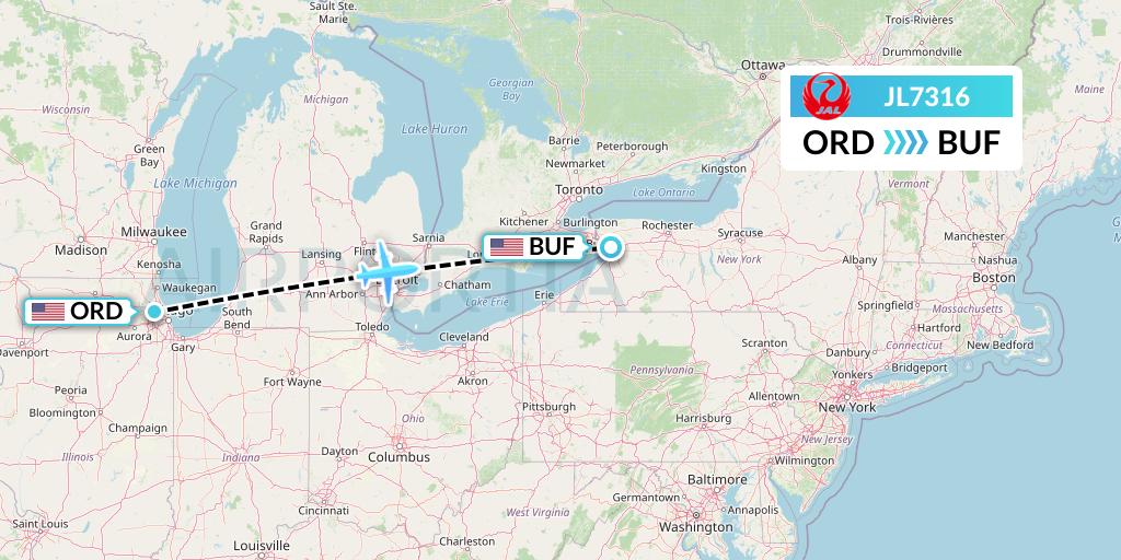 JL7316 Japan Airlines Flight Map: Chicago to Buffalo
