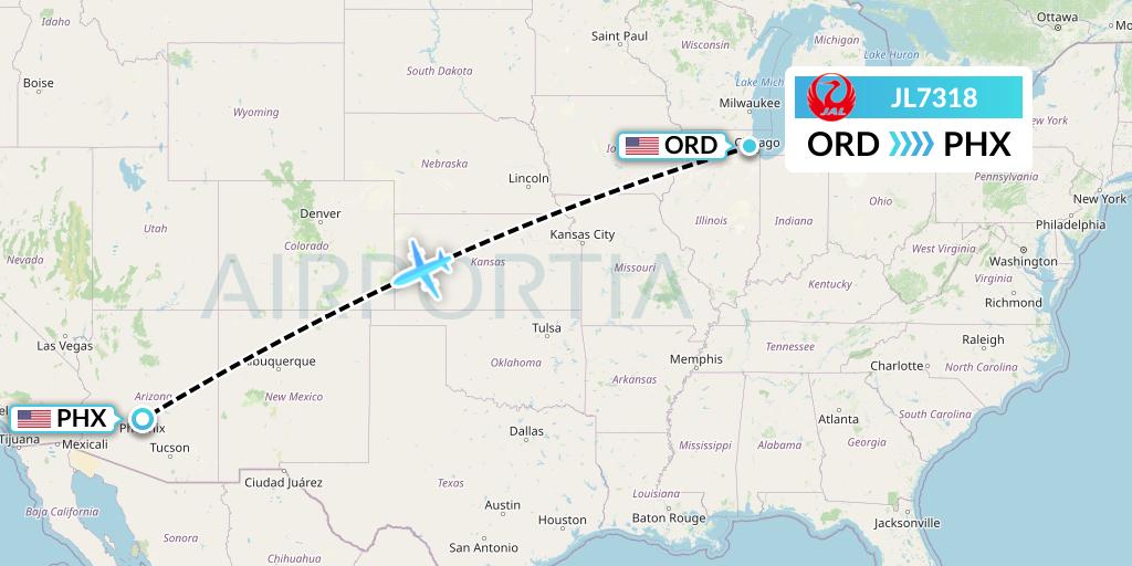 JL7318 Japan Airlines Flight Map: Chicago to Phoenix