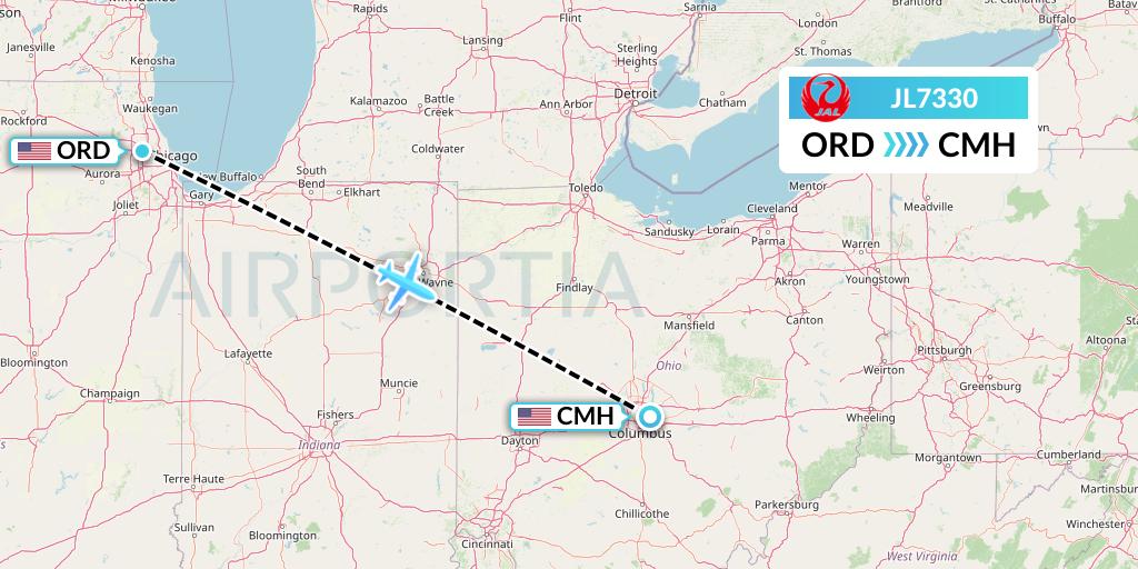JL7330 Japan Airlines Flight Map: Chicago to Columbus