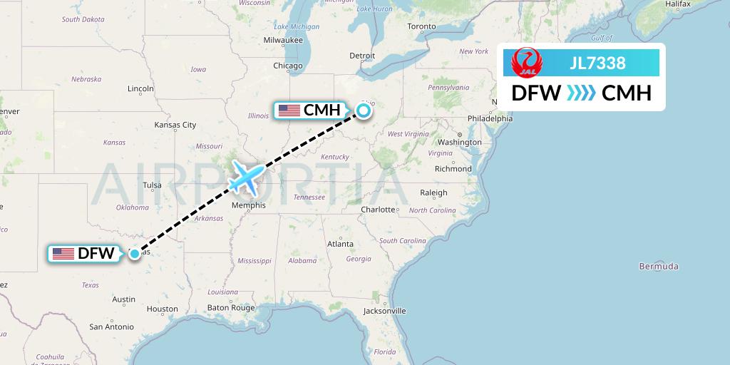 JL7338 Japan Airlines Flight Map: Dallas to Columbus