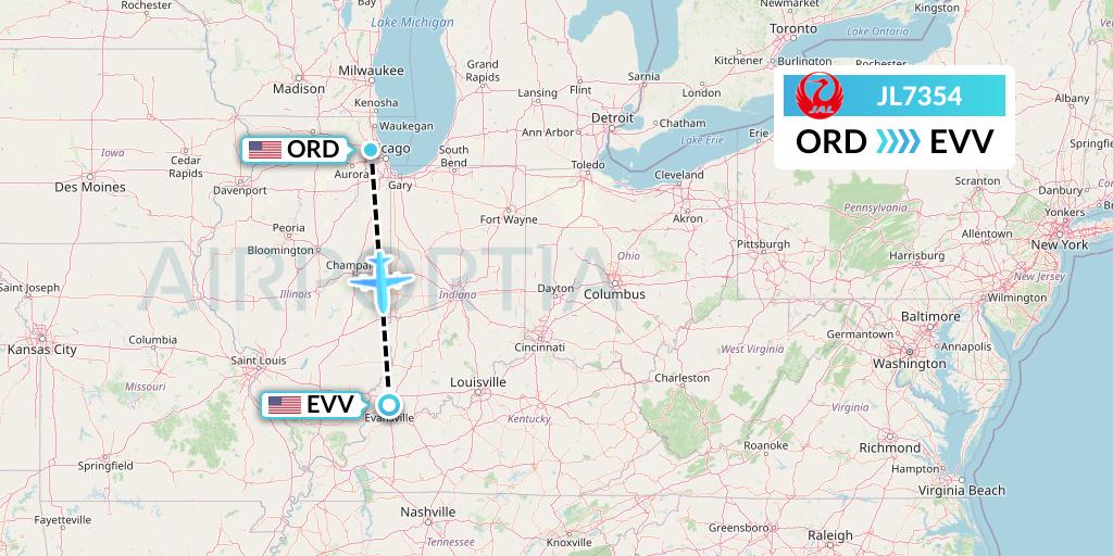 JL7354 Japan Airlines Flight Map: Chicago to Evansville