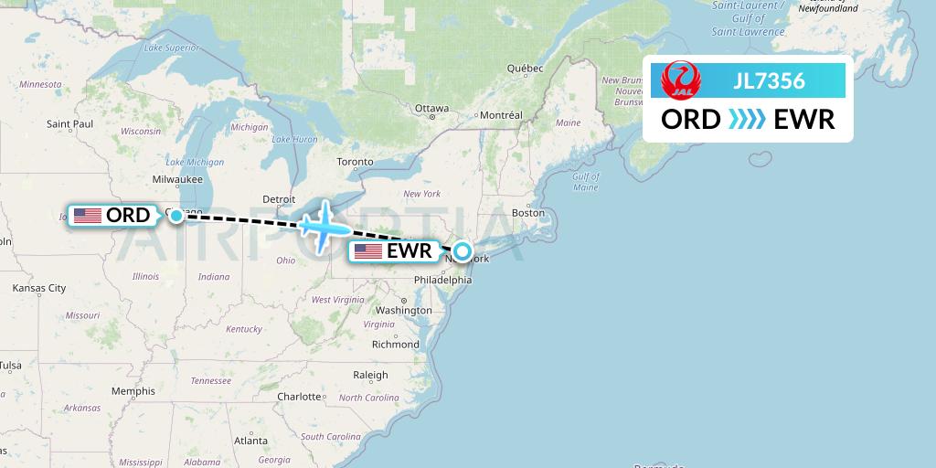 JL7356 Japan Airlines Flight Map: Chicago to New York