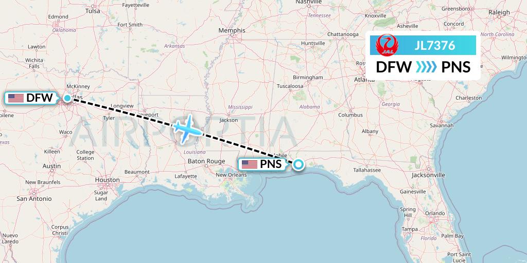 JL7376 Japan Airlines Flight Map: Dallas to Pensacola