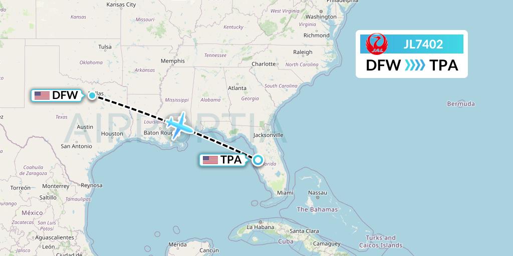 JL7402 Japan Airlines Flight Map: Dallas to Tampa