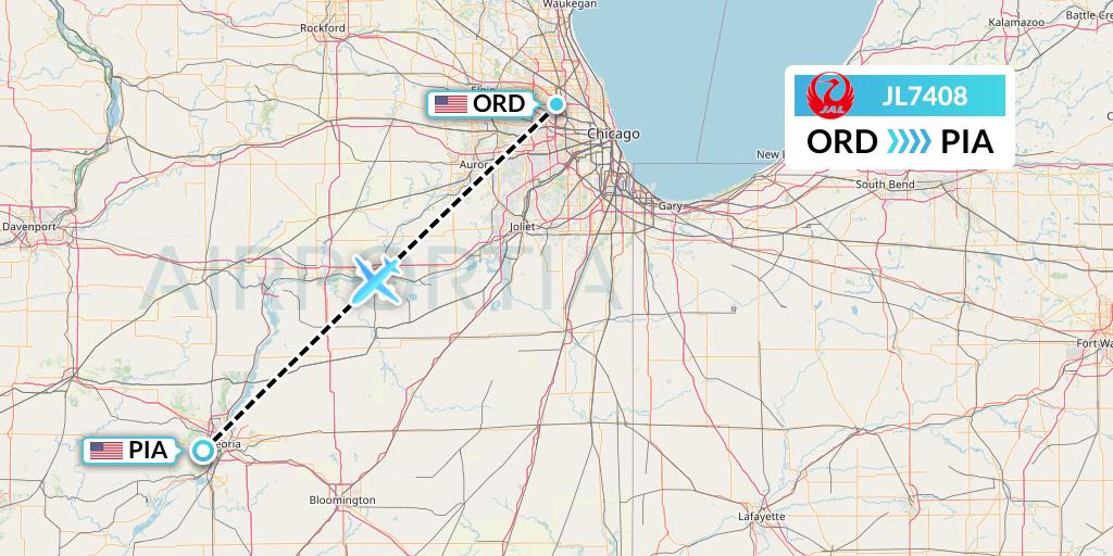 JL7408 Japan Airlines Flight Map: Chicago to Peoria