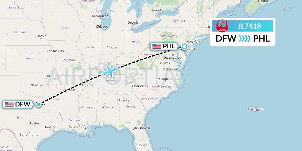 JL7418 Japan Airlines Flight Map: Dallas to Philadelphia
