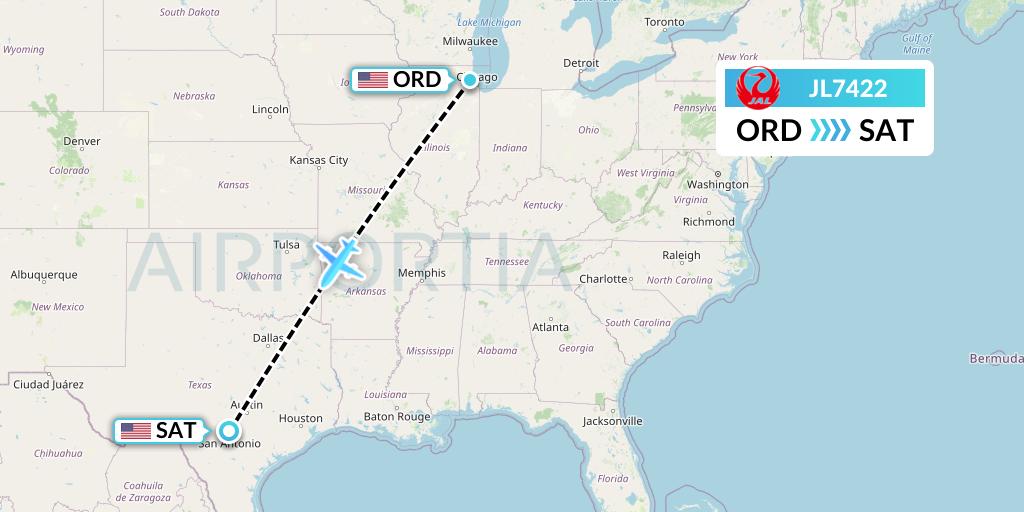 JL7422 Japan Airlines Flight Map: Chicago to San Antonio