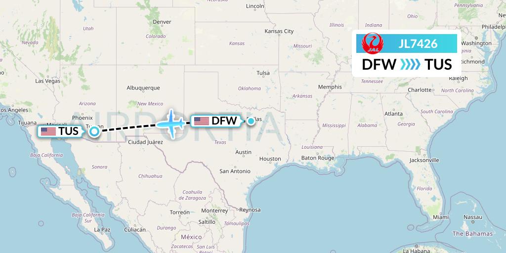 JL7426 Japan Airlines Flight Map: Dallas to Tucson