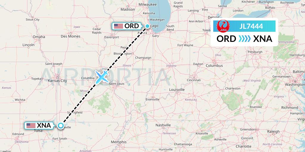 JL7444 Japan Airlines Flight Map: Chicago to Bentonville