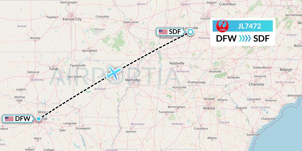 JL7472 Japan Airlines Flight Map: Dallas to Louisville
