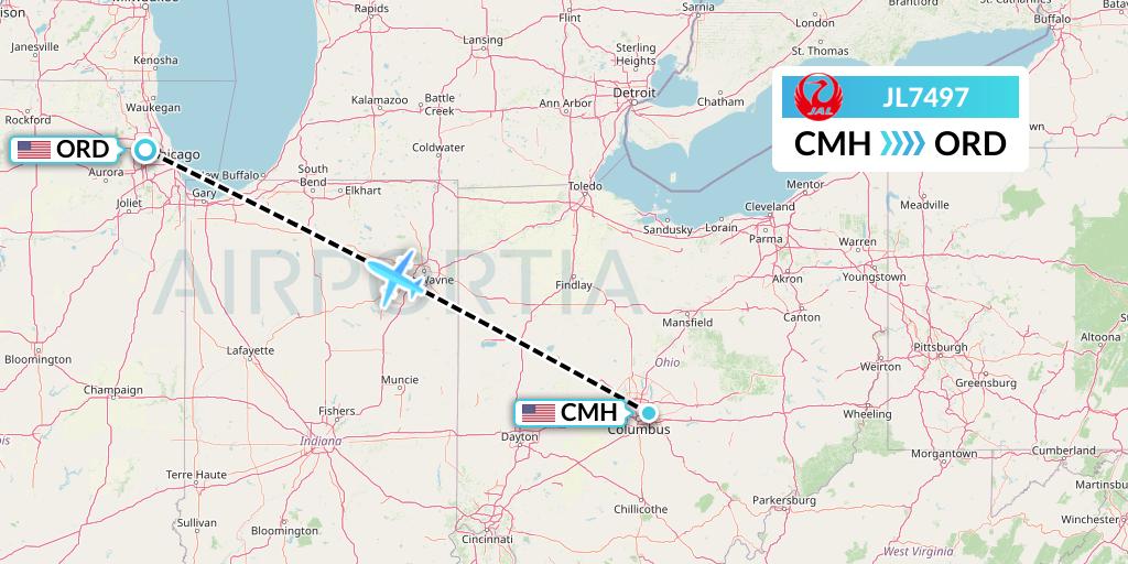 JL7497 Japan Airlines Flight Map: Columbus to Chicago