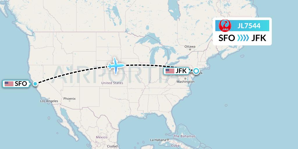 JL7544 Japan Airlines Flight Map: San Francisco to New York
