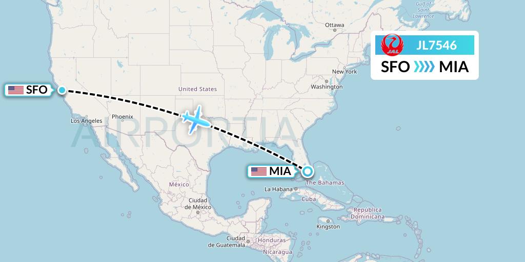 JL7546 Japan Airlines Flight Map: San Francisco to Miami