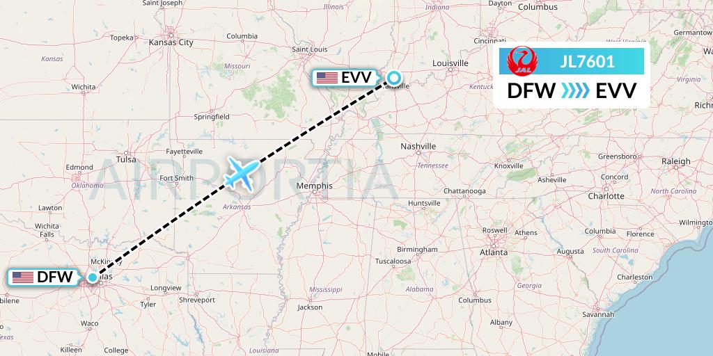 JL7601 Japan Airlines Flight Map: Dallas to Evansville