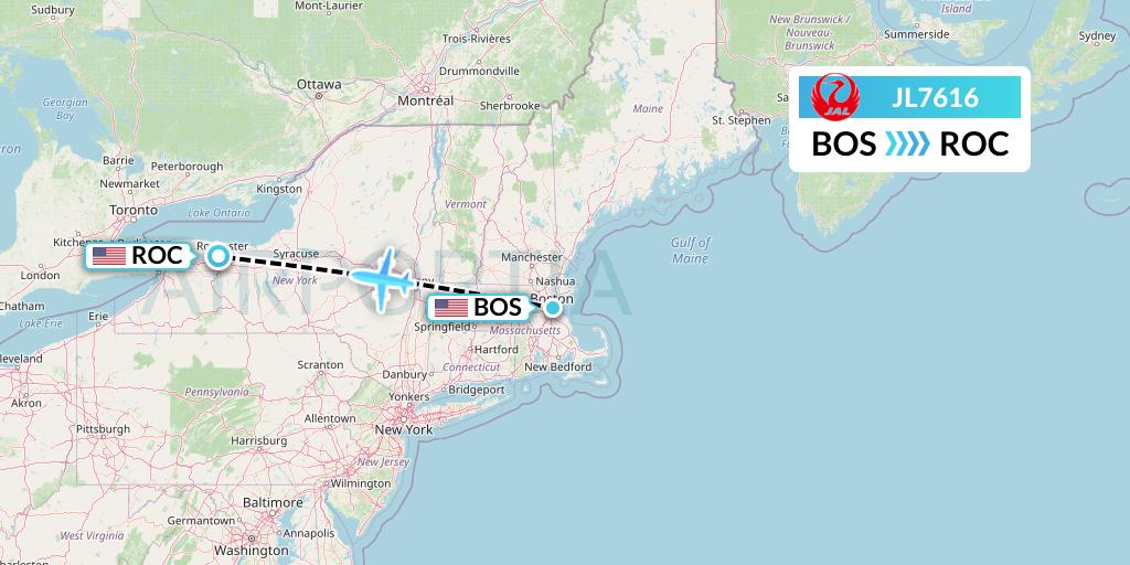 JL7616 Japan Airlines Flight Map: Boston to Rochester