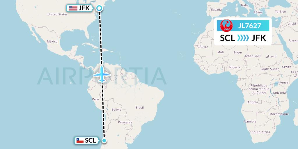 JL7627 Japan Airlines Flight Map: Santiago to New York
