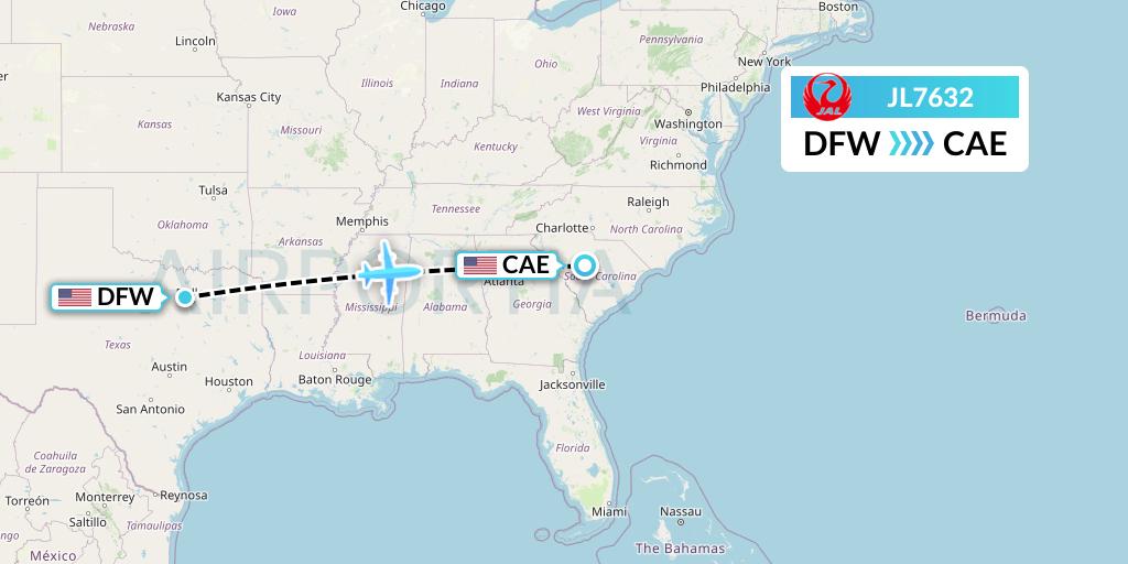 JL7632 Japan Airlines Flight Map: Dallas to Columbia