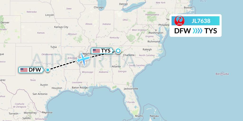 JL7638 Japan Airlines Flight Map: Dallas to Knoxville