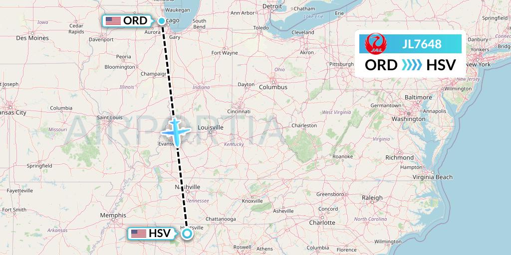 JL7648 Japan Airlines Flight Map: Chicago to Huntsville