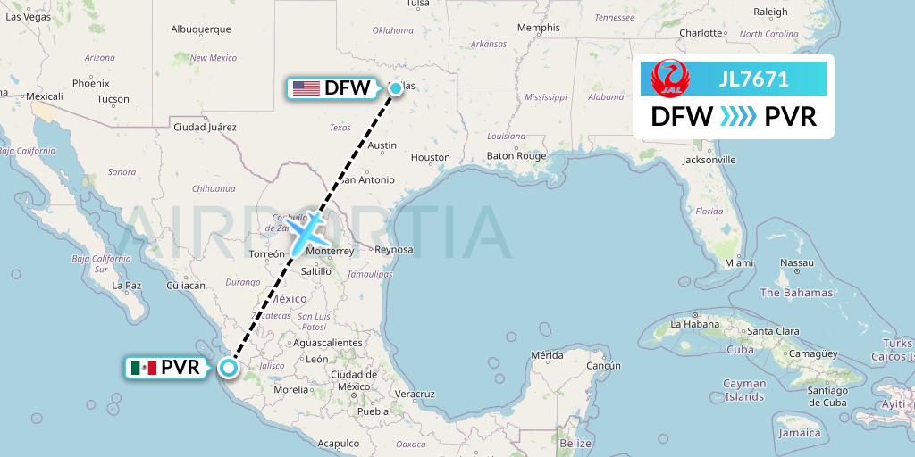 JL7671 Japan Airlines Flight Map: Dallas to Puerto Vallarta
